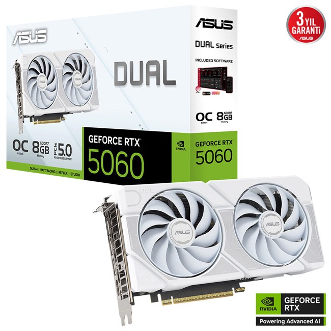 Asus RTX 5060 Dual OC Edition DUAL-RTX5060-O8G-WHITE 128 Bit GDDR7 8 GB Ekran Kartı